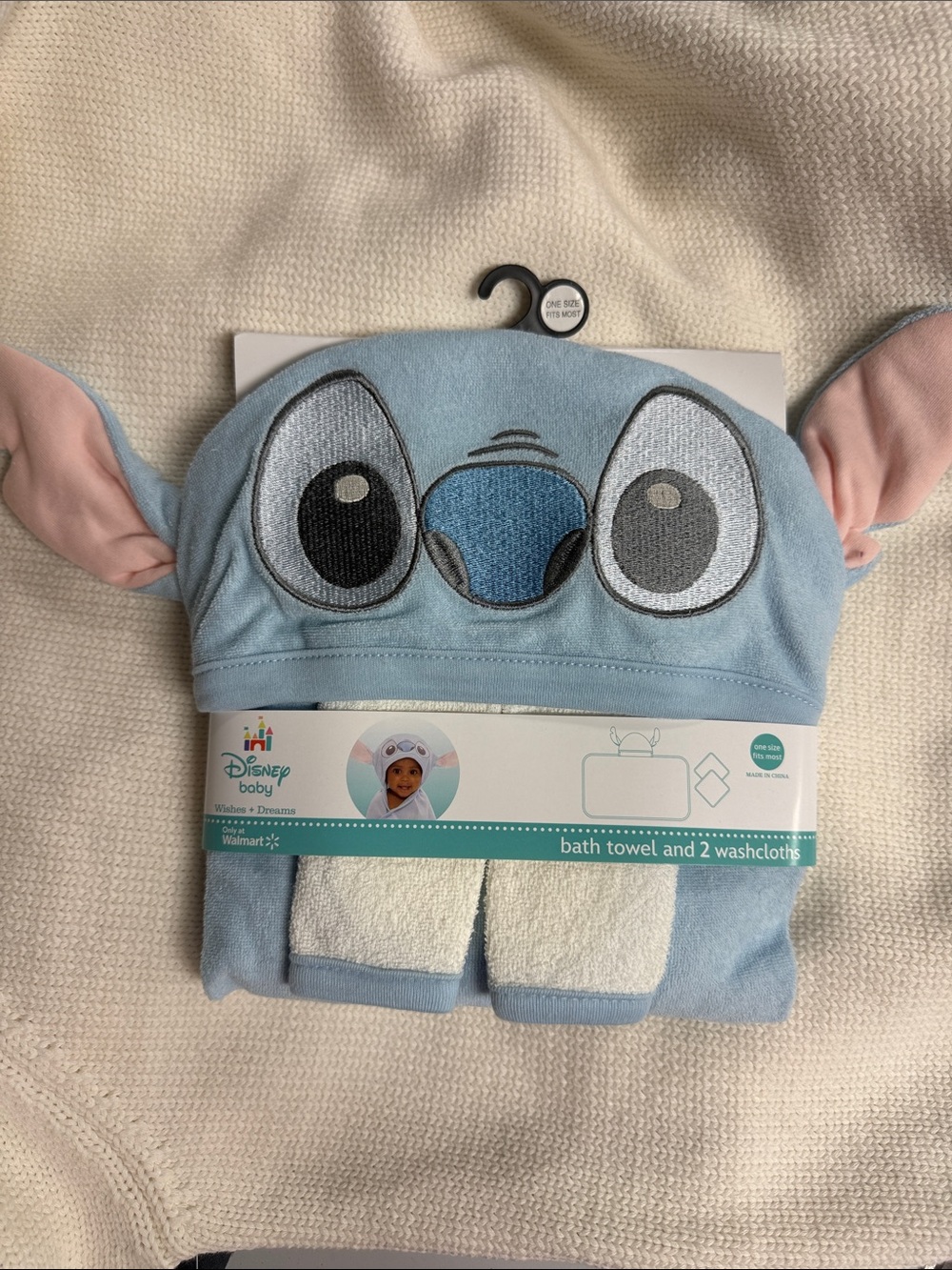 Disney Light Blue Stitch Hooded Baby Bath Towel & Washcloth Set